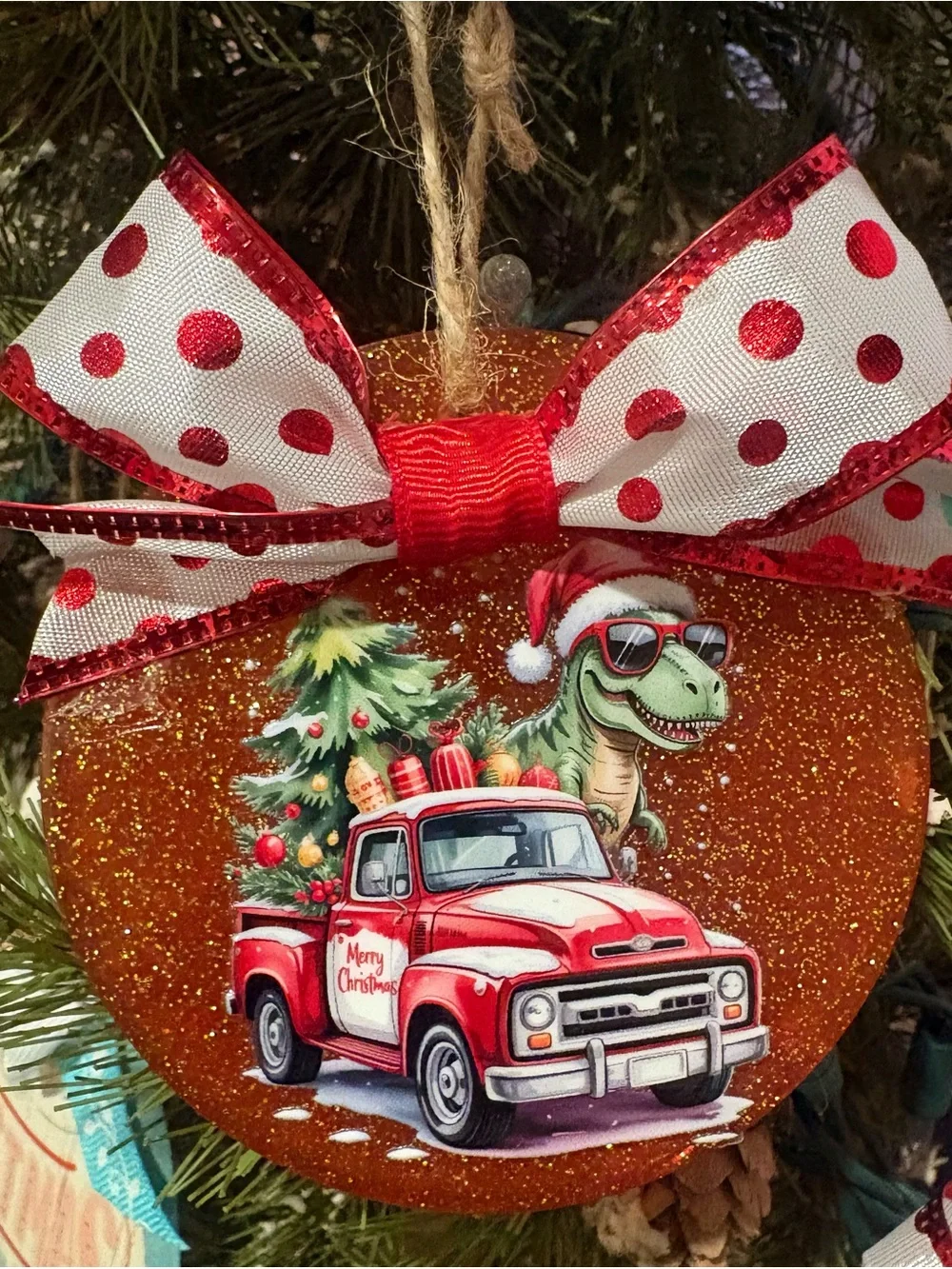 Holiday Ornament - Red Truck & Dinosaur Design